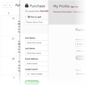 Embed your calendar, payment form and student access widgets right into your own website with custom colors.